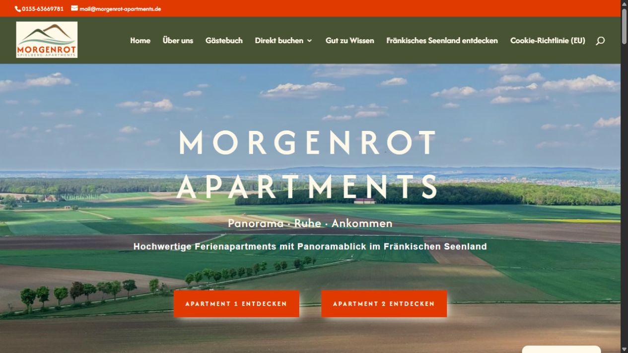 Morgenrot Apartments: Logo und Website-Einstieg mit Panoramablick über das Fränkische Seenland
